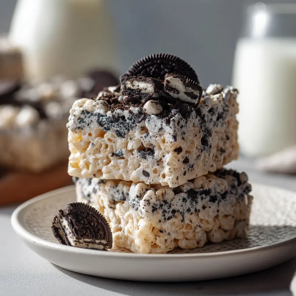 A full pan of freshly made Oreo Krispie Treats before being sliced, showing the mixture of cereal, marshmallows, and Oreos.