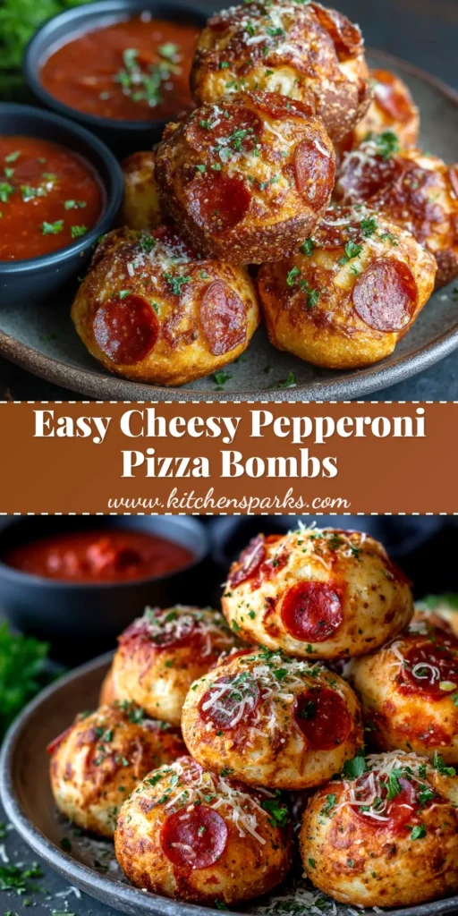 A shareable pin image showing golden-brown pepperoni pizza bombs arranged on a platter with a bowl of marinara dipping sauce.