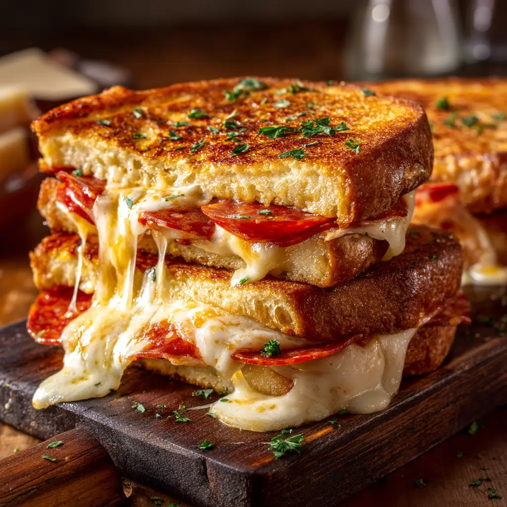 An extreme close-up of a pizza grilled cheese sandwich, showcasing the melted mozzarella and provolone cheese and layers of pepperoni inside the toasted bread.