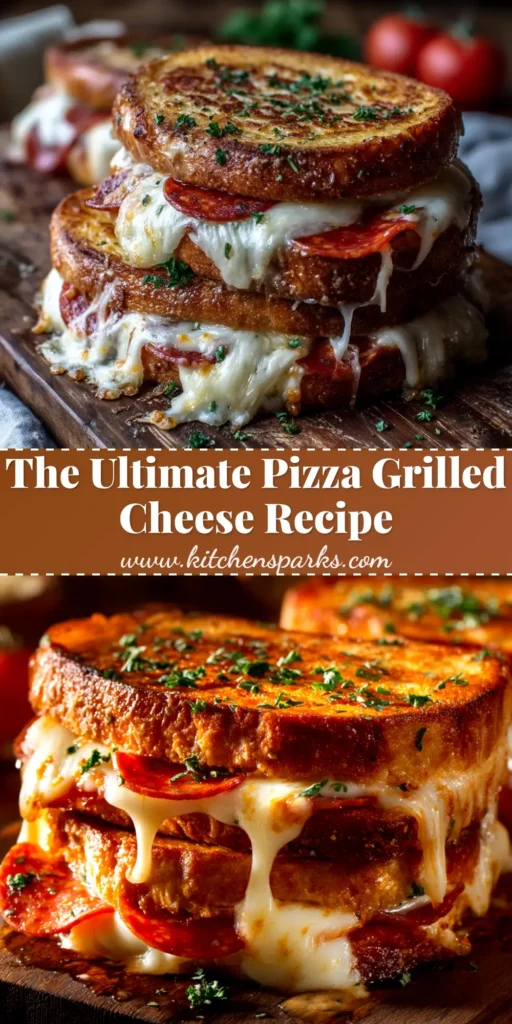 A perfectly golden brown Pizza Grilled Cheese sandwich cut in half, revealing a gooey mozzarella cheese pull with layers of pepperoni and pizza sauce. The ultimate comfort food recipe.