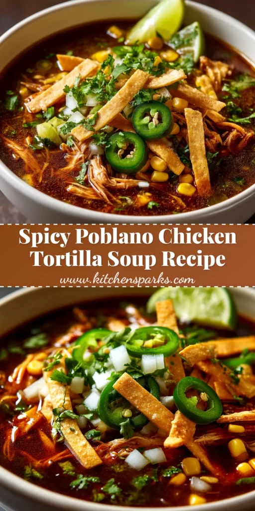 A vibrant bowl of poblano chicken tortilla soup, topped with crispy tortilla strips, fresh avocado, cheese, and a lime wedge on the side.