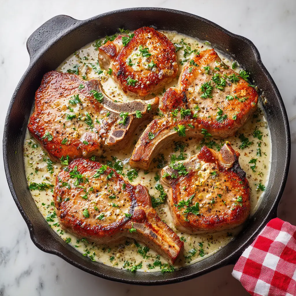 Pan-seared pork chops simmering in a rich and bubbling garlic cream sauce in a skillet.