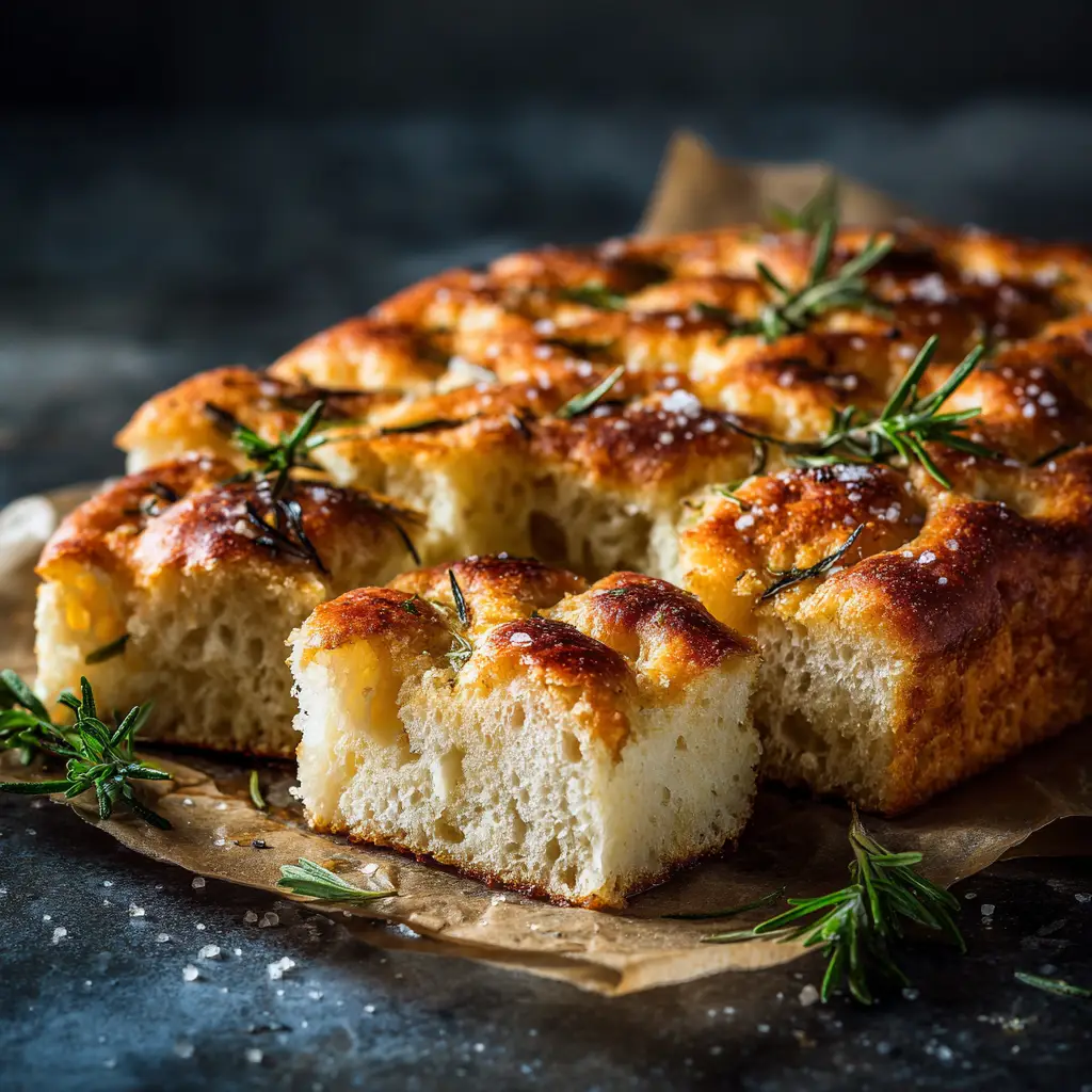 A close-up of fingers dimpling the soft, pillowy gluten-free focaccia dough before baking. The dough is covered in olive oil, ready for the oven.