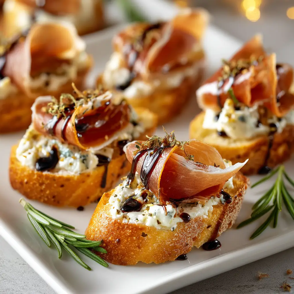 A platter of assorted prosciutto appetizers, including fig and prosciutto bites and melon skewers.