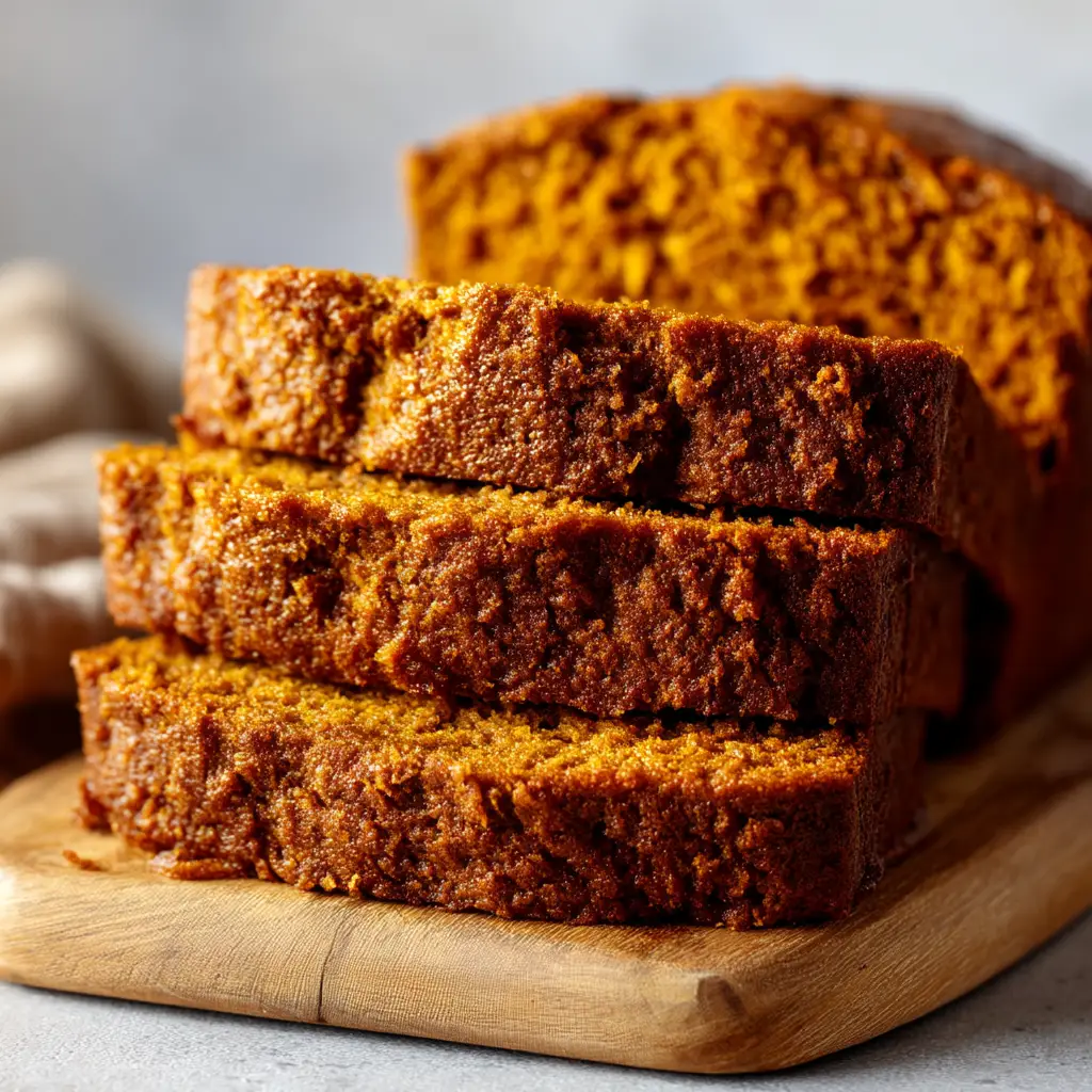 A rustic overhead view of sliced pumpkin loaf on a cooling rack, ready to be served. This showcases the final product of the pumpkin bread recipe.