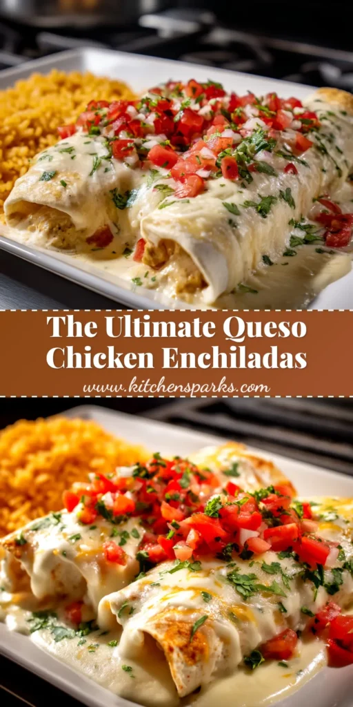 A pan of delicious Queso Chicken Enchiladas, baked to golden perfection and garnished with fresh cilantro. The ultimate cheesy and creamy dinner recipe.