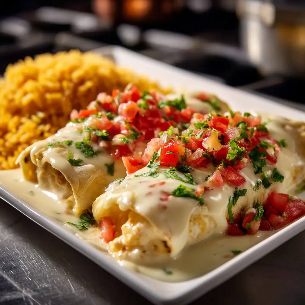 A close-up shot of the filling for queso chicken enchiladas, featuring shredded chicken, cheese, and green chiles in a skillet.