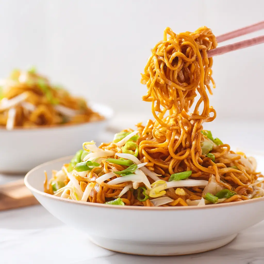 A close-up shot of chow mein noodles being stir-fried in a wok with chicken and fresh vegetables. The steam rises from the pan, indicating a quick cooking process.