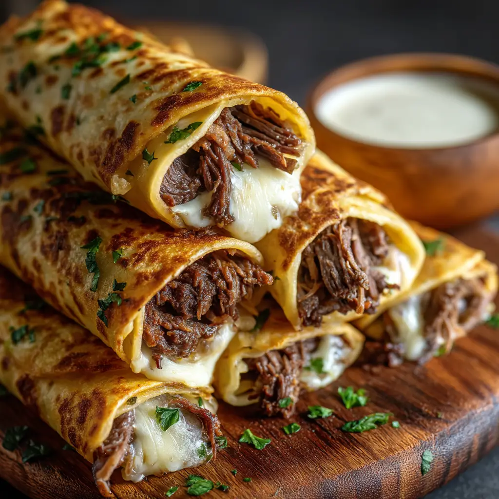 An extreme close-up of roast beef tortilla pinwheels, highlighting the melted provolone cheese and layers of beef inside the tortilla.