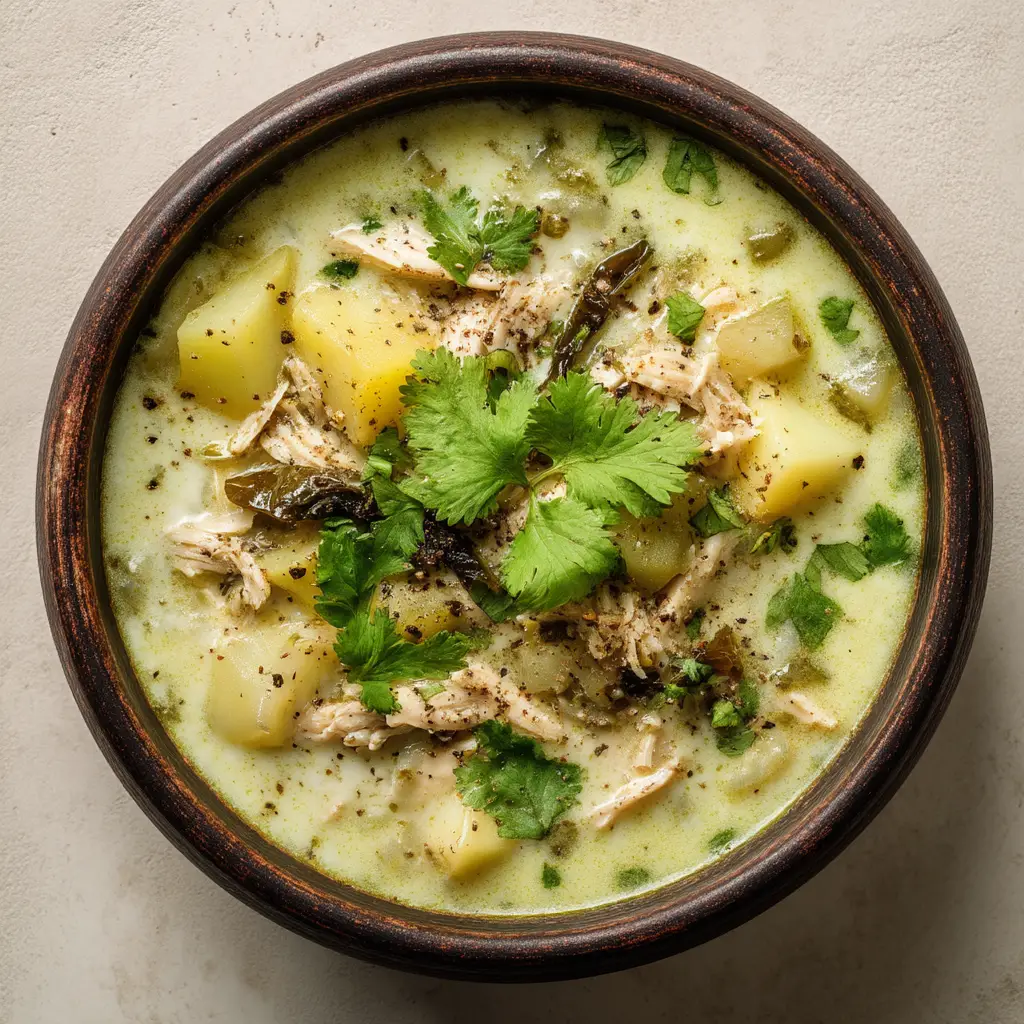 An overhead shot of a bowl of roasted poblano soup surrounded by key ingredients like fresh poblano peppers, garlic, and lime.