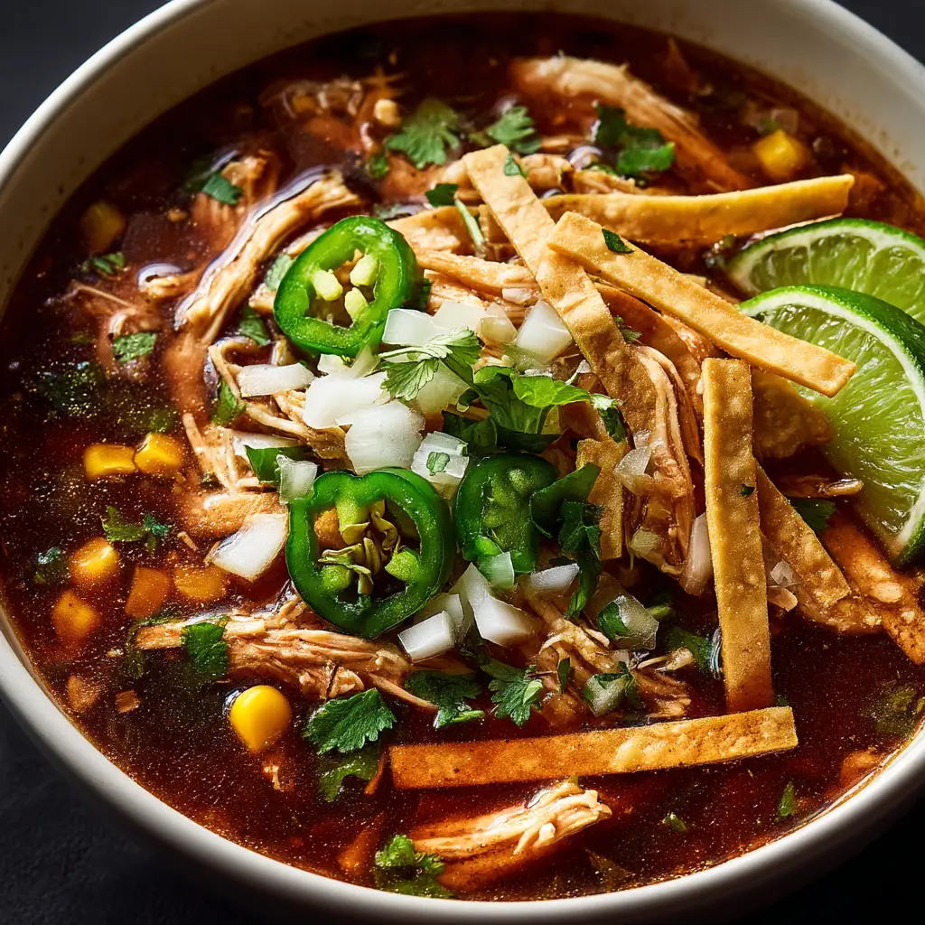 A bowl of roasted poblano soup topped generously with avocado, cotija cheese, and cilantro, served with a lime wedge.