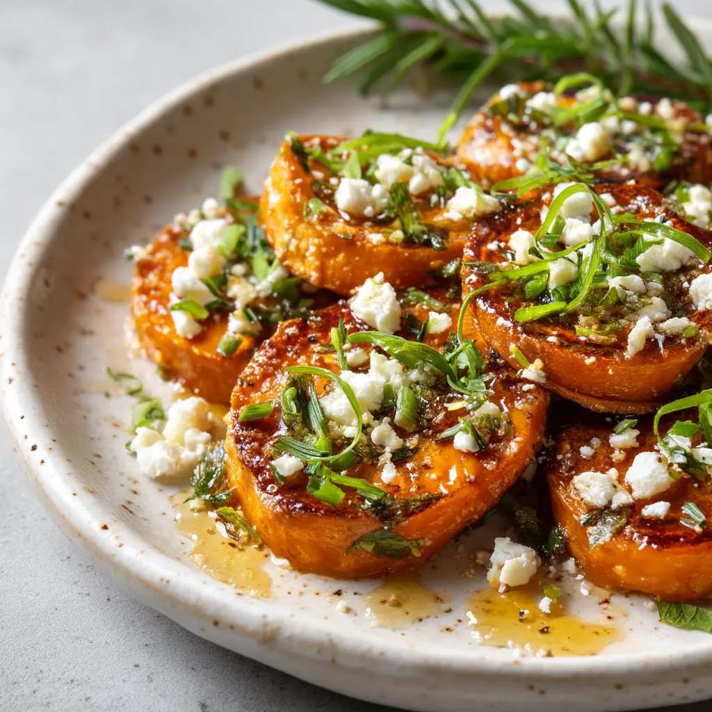 A batch of savory sweet potato rounds spread on a parchment-lined baking sheet just after being taken out of the oven.