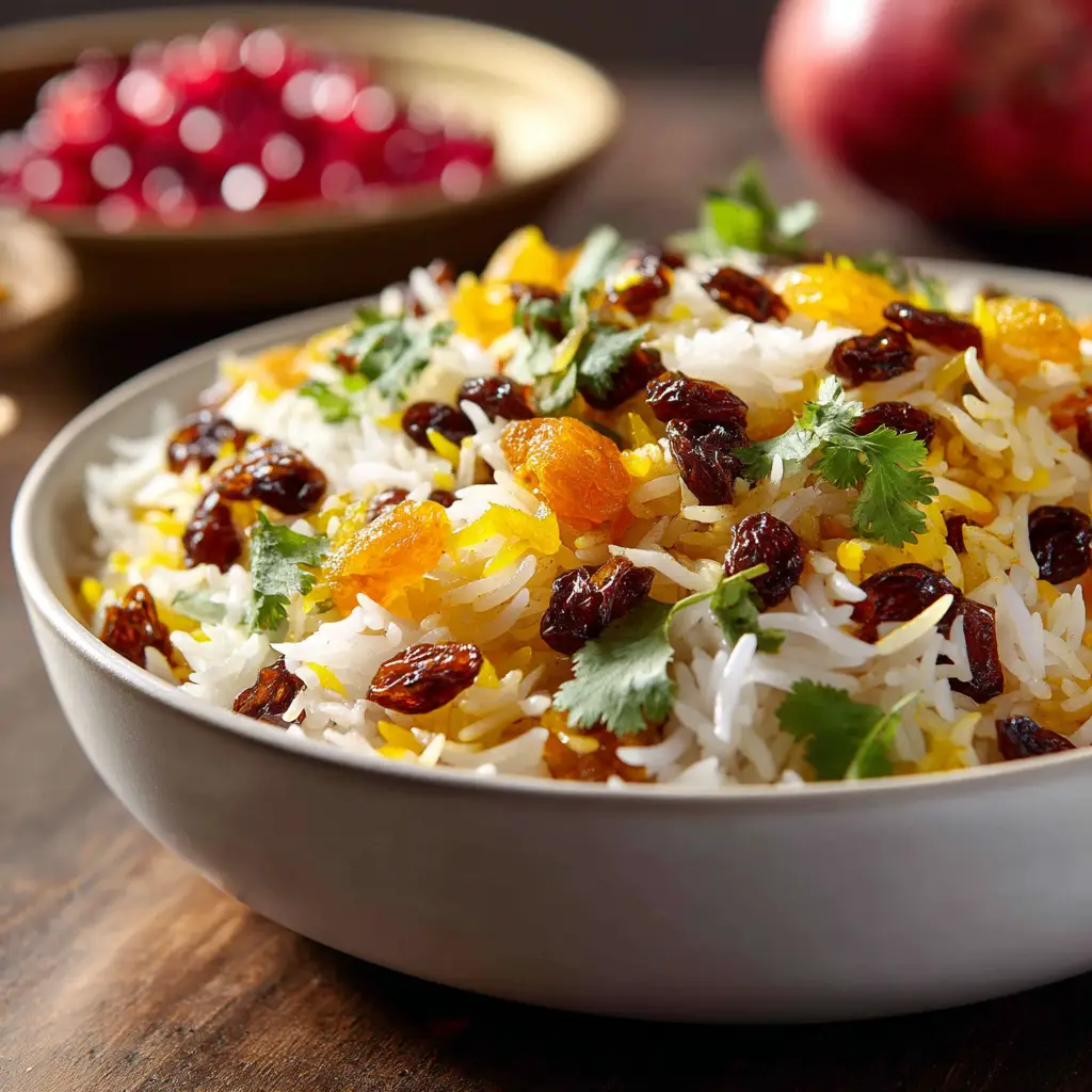 Saffron-infused basmati rice being fluffed in a pot before being served, showing distinct white and golden grains.
