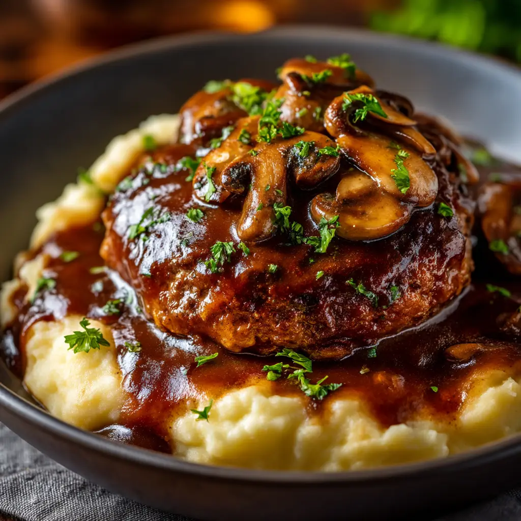 A skillet full of the homemade Salisbury Steak Recipe simmering in a rich, dark mushroom and onion gravy.