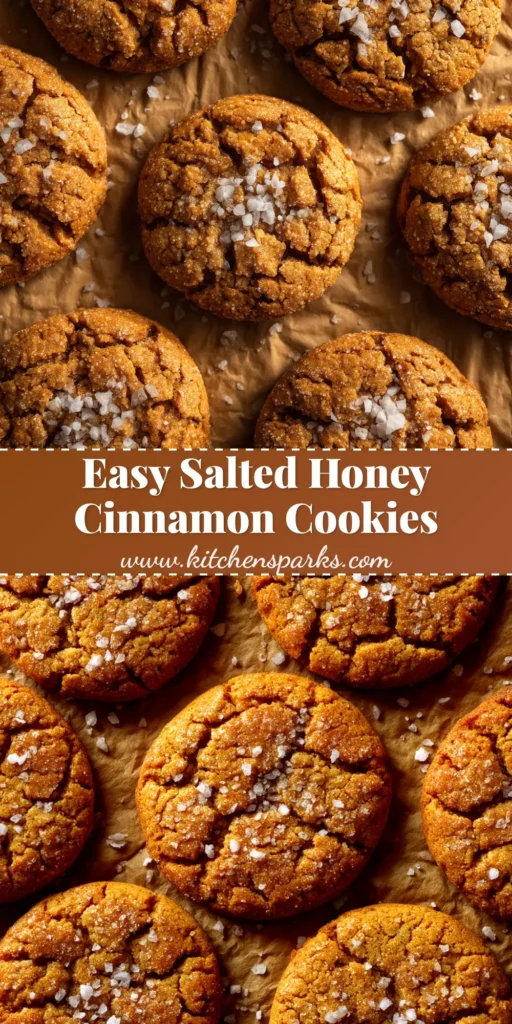 A stack of freshly baked Salted Honey Cinnamon Cookies with flaky sea salt on top, shown on a rustic background.