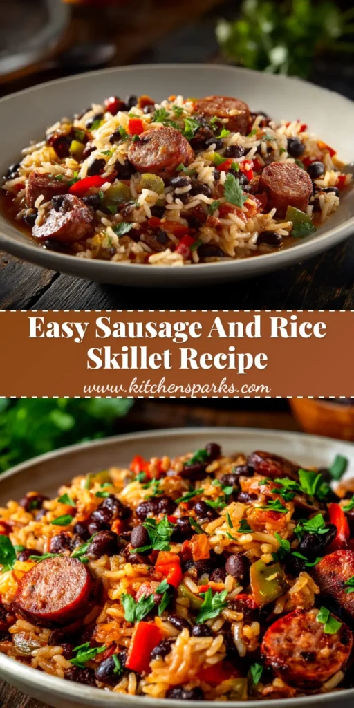 A delicious and easy one-pot Sausage, Black Beans, and Rice recipe in a rustic skillet, ready to be served for a weeknight dinner.