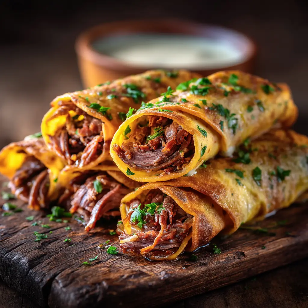 A close-up shot of several French Dip Tortilla Roll Ups being pan-seared in a black skillet, showing their crispy, golden edges.