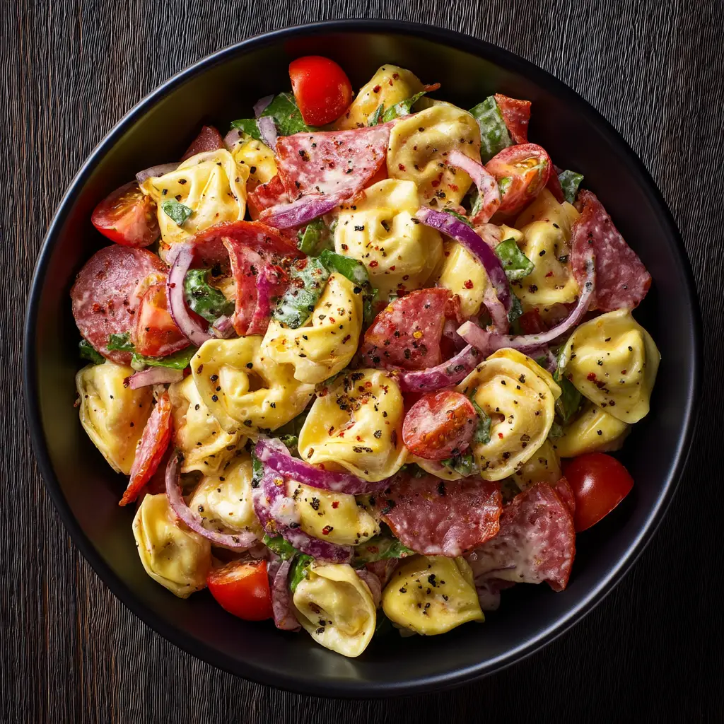 A spoonful of the grinder tortellini salad being lifted from a large serving bowl, showing the combination of ingredients.