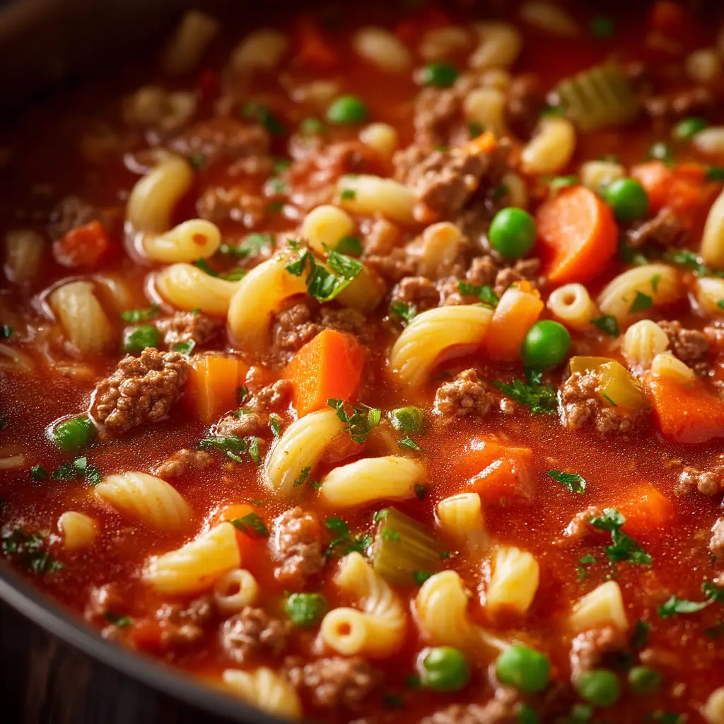 A spoonful of Italian Ground Beef Pasta Soup being lifted from a bowl, highlighting the tender pasta, ground beef, and vegetables.