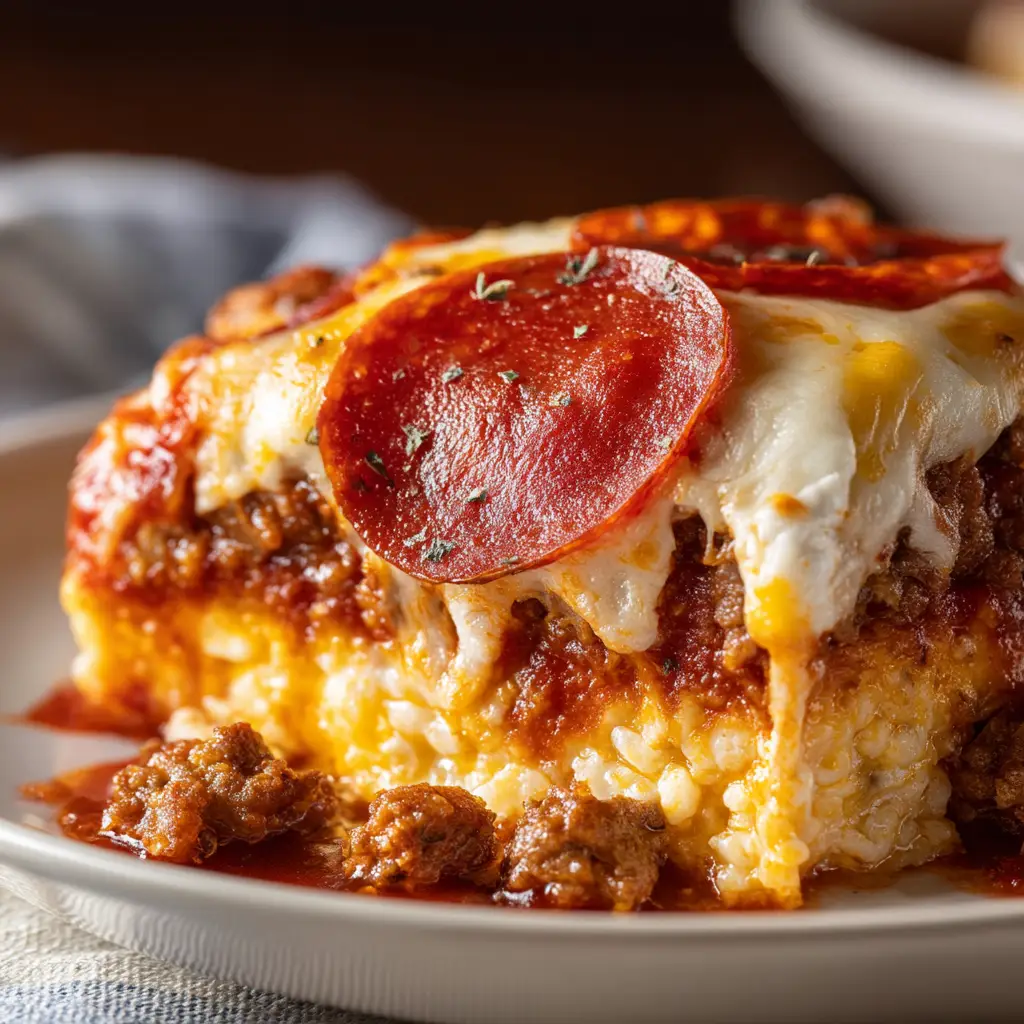 A serving of the keto pizza casserole being lifted from a baking dish with a spatula, revealing the rich and savory sausage and sauce layers underneath the cheese.