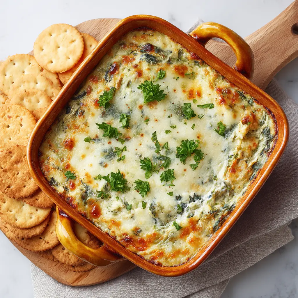 A bowl of baked spinach artichoke dip being served with crispy tortilla chips.