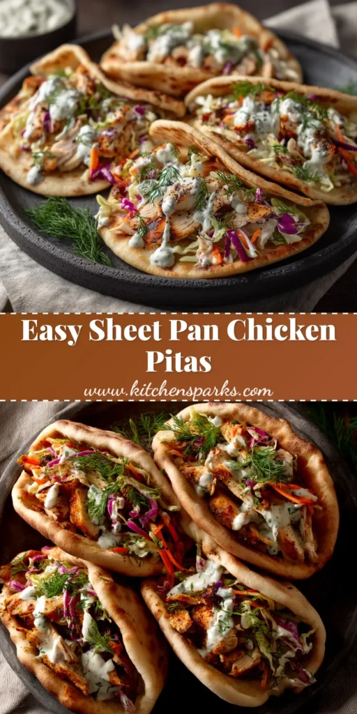 An overhead shot of flavorful Sheet Pan Chicken Pitas ready to be served. The image shows roasted chicken and veggies with a bowl of tzatziki and warm pitas.