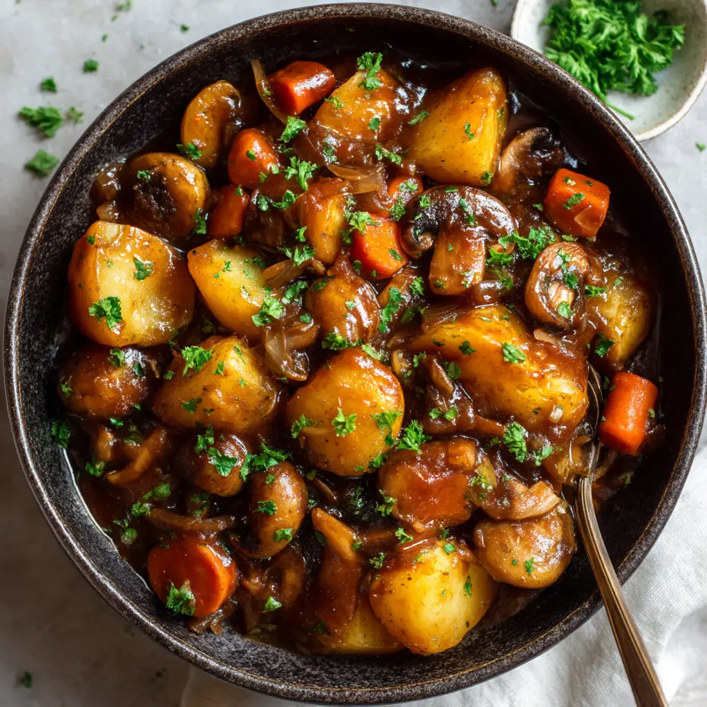A close-up shot of the Irish Vegetarian Stew simmering in a Dutch oven, highlighting the savory mushrooms and tender potatoes in a rich, dark gravy.