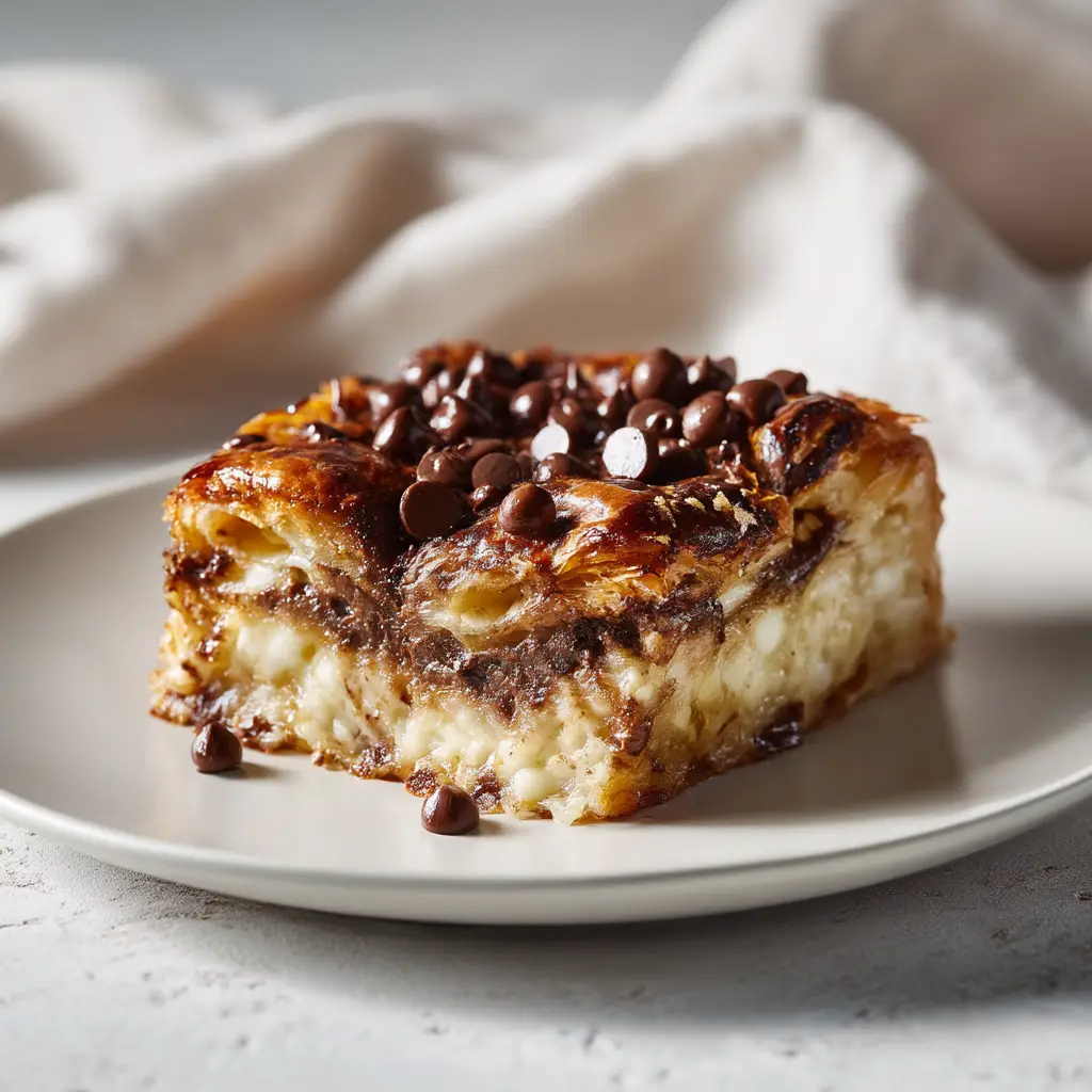 A single slice of the Chocolate Croissant Bake on a white plate, highlighting the golden, crispy top and soft interior.
