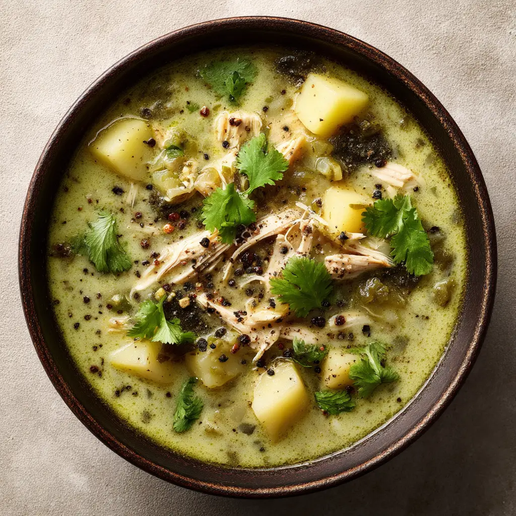 A close-up view of the rich, green roasted poblano soup in a rustic ceramic bowl, topped with a swirl of cream.