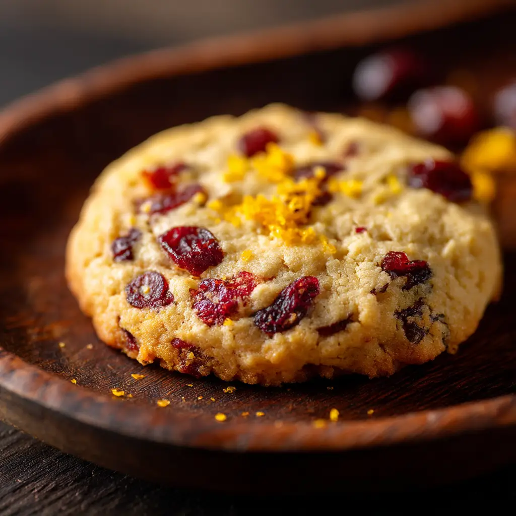A close-up macro shot of a single soft cranberry orange cookie, showing its chewy texture and specs of orange zest.