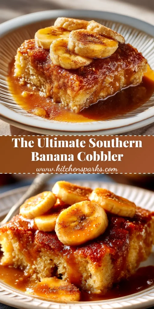 An overhead shot of a warm, bubbly Southern Banana Cobbler in a rustic baking dish, with a scoop taken out to show the gooey banana filling.