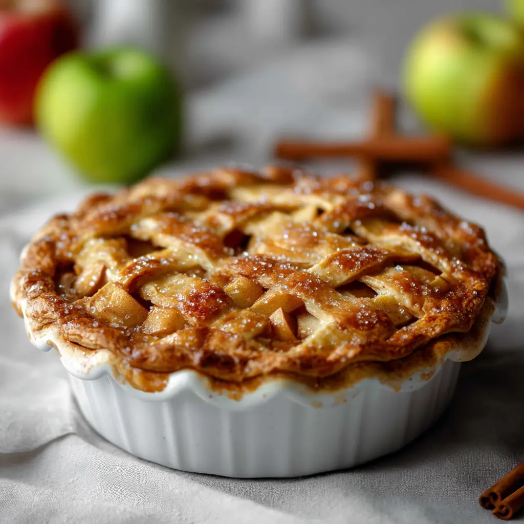 A close-up shot of the spiced apple filling for the homemade apple pie, with sliced apples coated in cinnamon and sugar before being placed in the crust.
