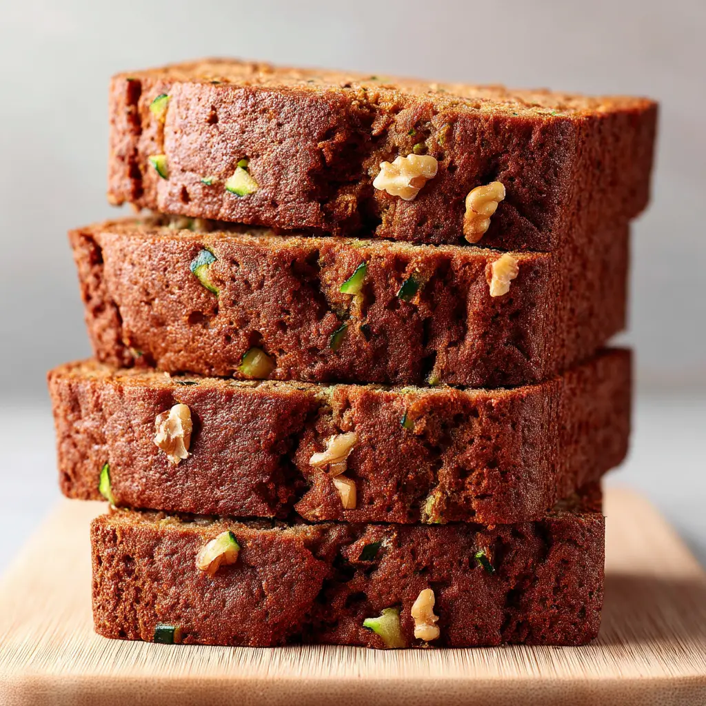 A close-up view of a slice of spiced zucchini bread, showing the flecks of zucchini and cinnamon within the soft, baked loaf.