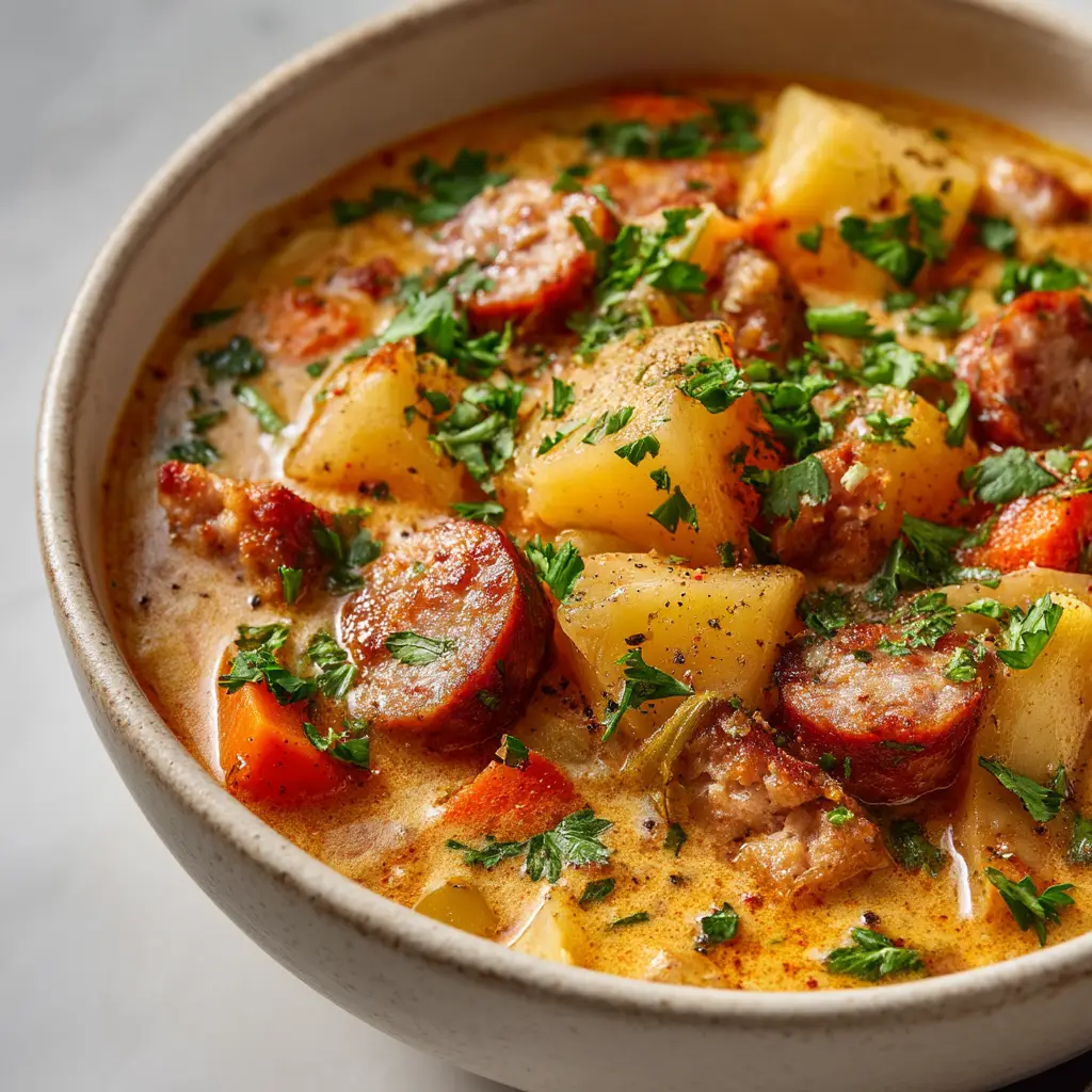 A wider shot of the Cajun potato soup served in a rustic bowl, garnished with fresh herbs and placed next to a crusty piece of bread.