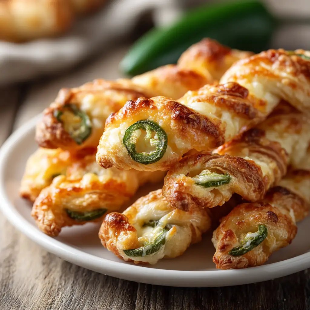 A stack of spicy puff pastry appetizers, showing the melted cheddar cheese and bits of green jalapeno in the filling.