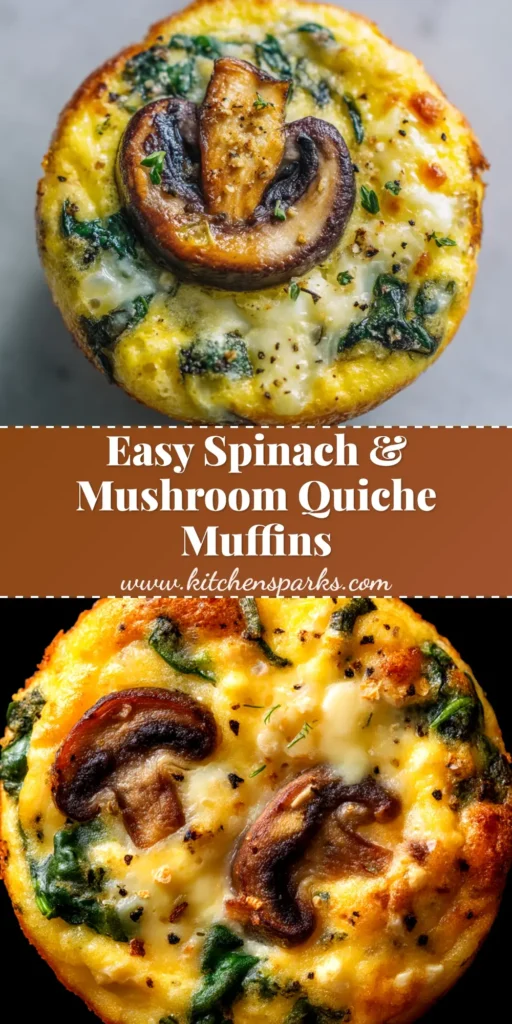 A tray of perfectly baked Spinach and Mushroom Quiche Muffins, ideal for a healthy make-ahead breakfast. The mini quiches are golden brown and filled with savory egg, spinach, and mushrooms.