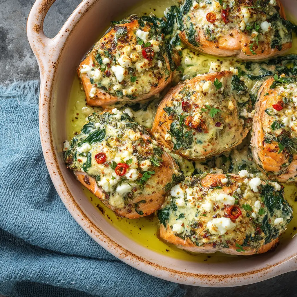 A step-by-step image showing the creamy spinach and cheese filling being mixed in a white bowl before being used to stuff the salmon.