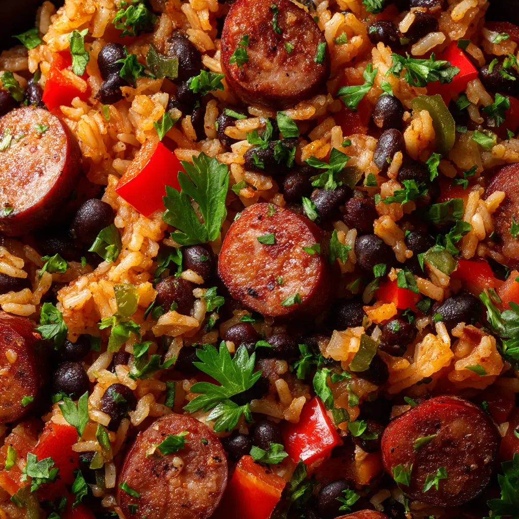 A spoonful of the hearty sausage and rice skillet, highlighting the individual ingredients like black beans, corn, and diced sausage.