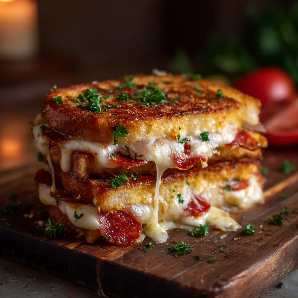 Two halves of a pizza grilled cheese sandwich stacked, with a crispy, golden brown garlic herb crust visible. A perfect quick lunch idea.