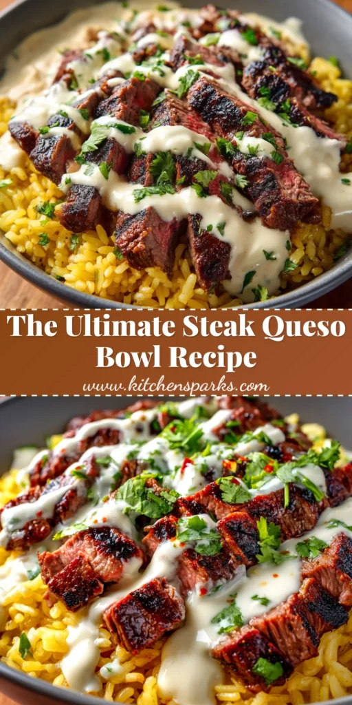 A vibrant Steak Queso Bowl loaded with tender steak, creamy white queso, pico de gallo, and cilantro. The ultimate homemade dinner recipe.