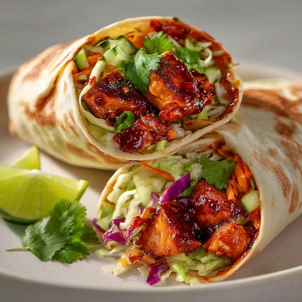An extreme close-up of a grilled chicken wrap sliced in half, showing the tender chicken strips, shredded carrots, and fresh lettuce inside. The textures are highlighted beautifully.