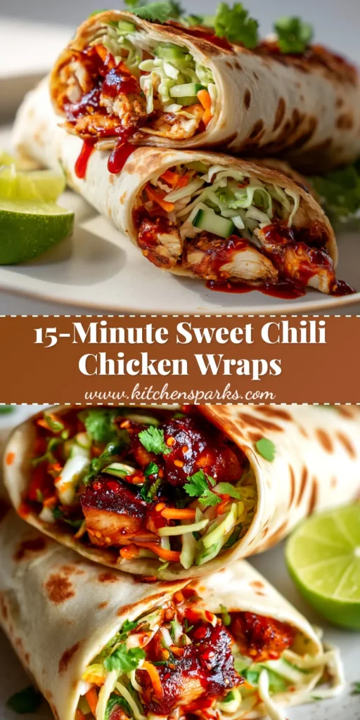 A vibrant overhead shot of four Sweet Chili Chicken Wraps sliced in half, revealing juicy chicken and crisp vegetables, with a creamy sauce drizzle. A perfect, easy recipe for a quick dinner.