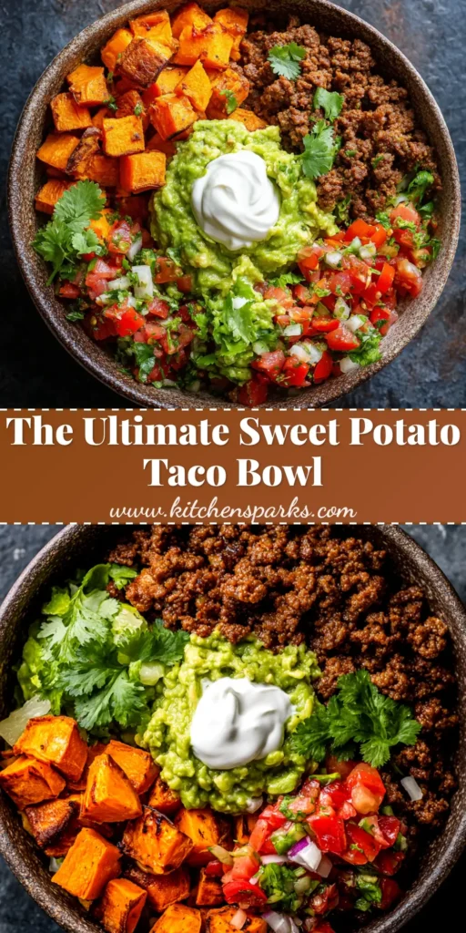 An overhead shot of a vibrant Sweet Potato Taco Bowl, packed with roasted sweet potatoes, black beans, corn salsa, and a creamy avocado dressing. The bowl is garnished with fresh cilantro.