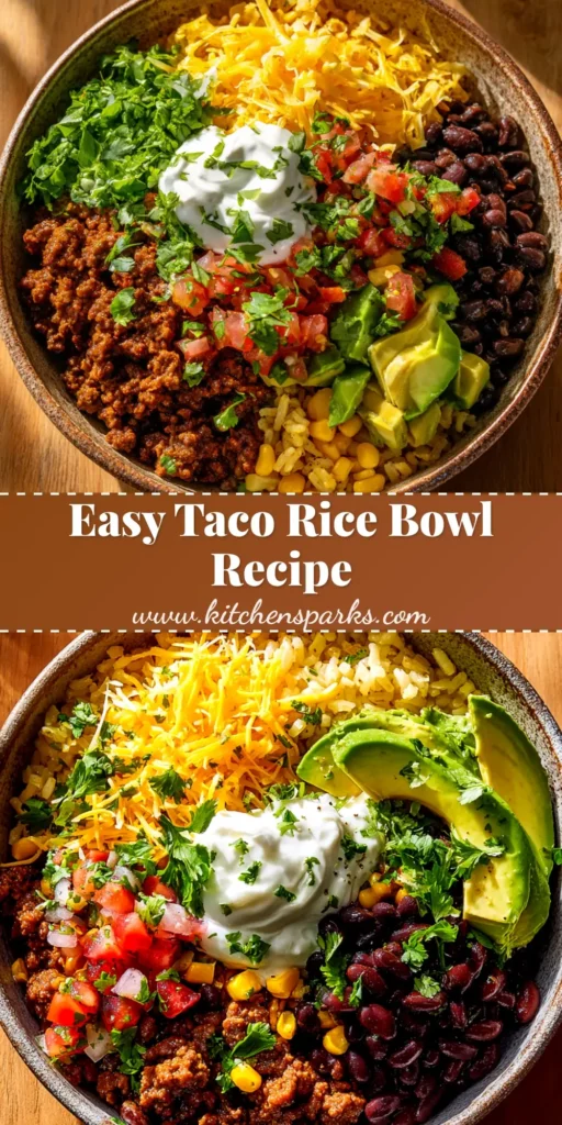 A vibrant and easy Taco Rice Bowl loaded with seasoned ground beef, rice, black beans, corn, and fresh toppings. Perfect for a quick weeknight dinner.