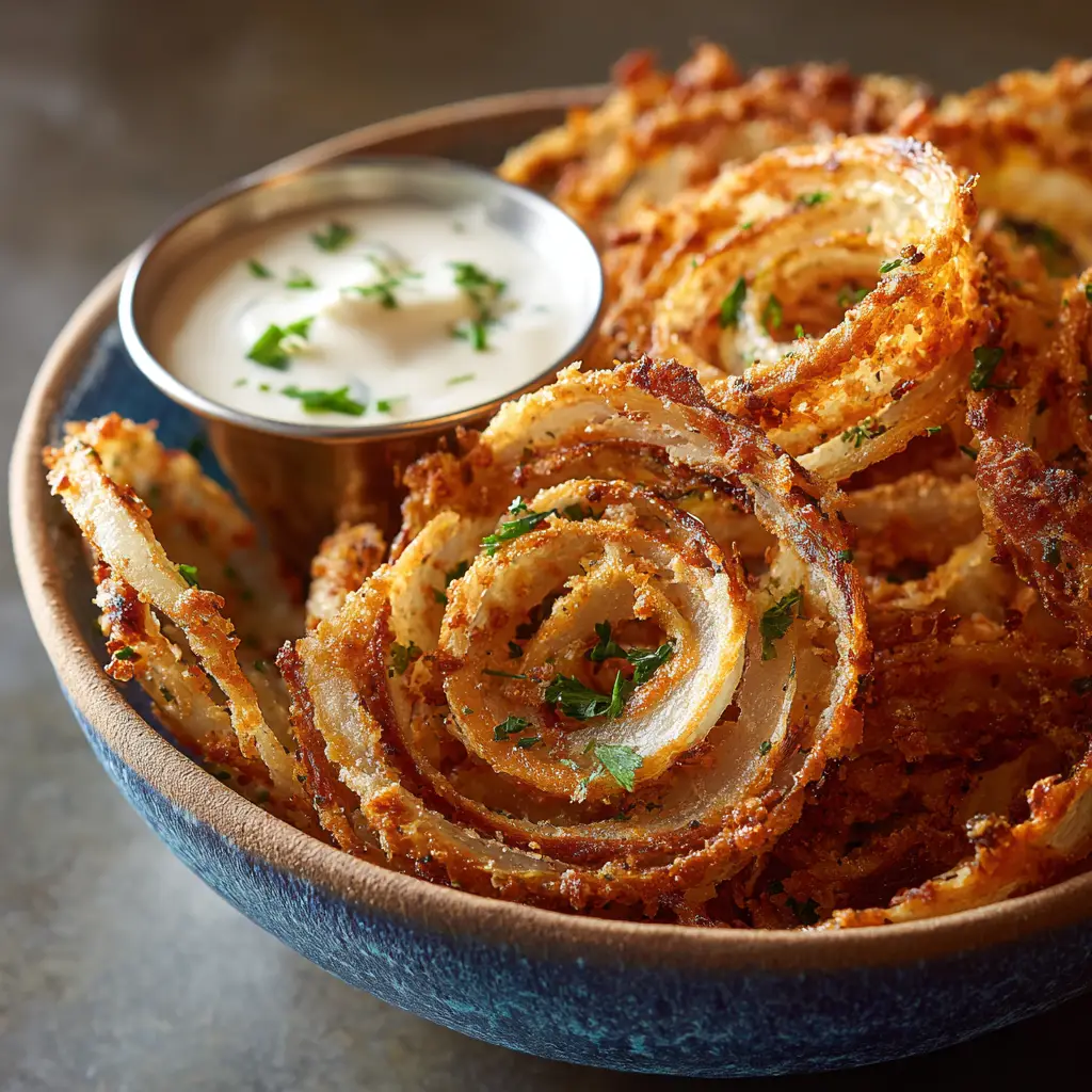 A hand holding a thin, crispy onion ring chip to show its delicate, chip-like quality. The background is slightly blurred.