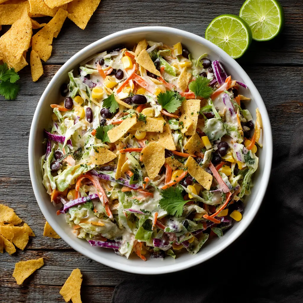 A close-up shot of the Cowboy Coleslaw being tossed with its creamy chipotle-lime dressing.