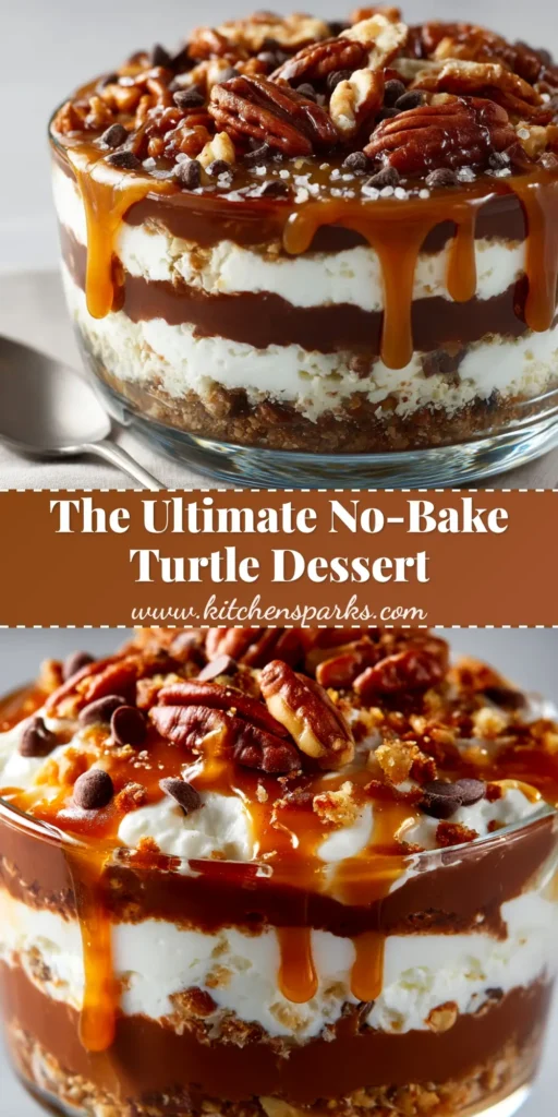 A pin-worthy image of the ultimate Turtle Lasagna Dessert recipe. This no-bake layered dessert features an Oreo crust, cream cheese filling, chocolate pudding, and is topped with caramel, pecans, and chocolate chips.