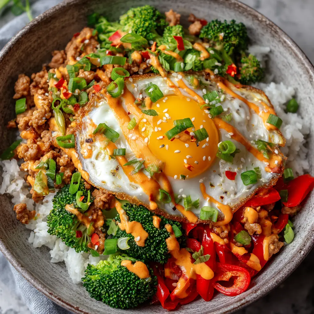 A beautiful arrangement of two Bang Bang Ground Turkey Rice Bowls, showing how they can be served for a complete meal. Garnishes like cilantro and sesame seeds are sprinkled on top.