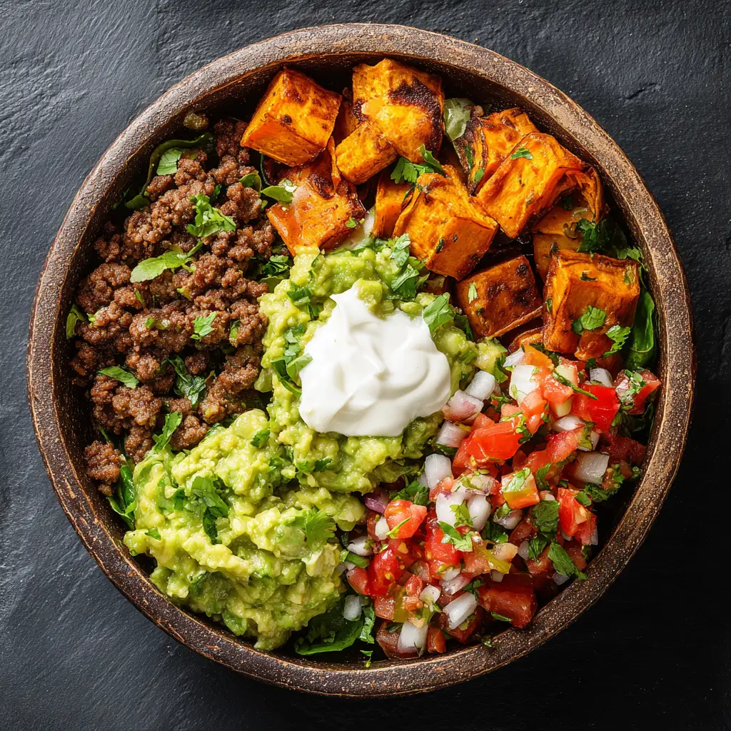 A close-up shot of the vegetarian taco bowl in a rustic bowl, showcasing the texture of the chili-spiced sweet potatoes and fresh toppings.