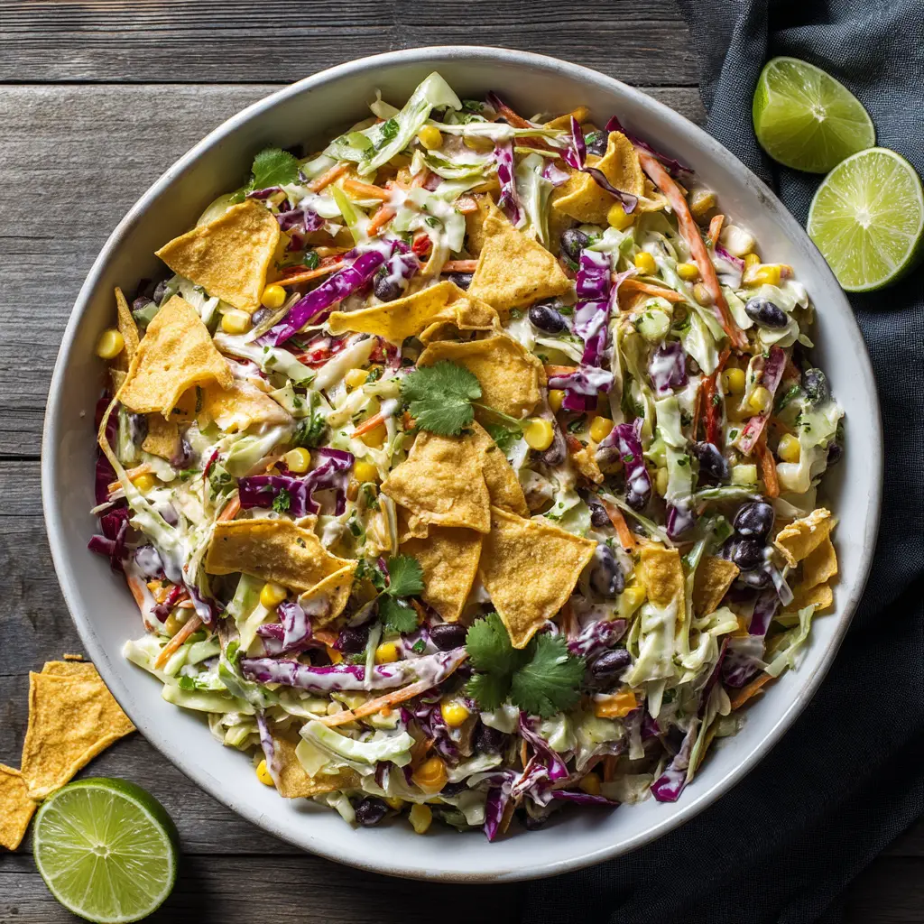 An overhead view of a vibrant Cowboy Coleslaw in a serving bowl, highlighting the colorful mix of cabbage, corn, and beans.